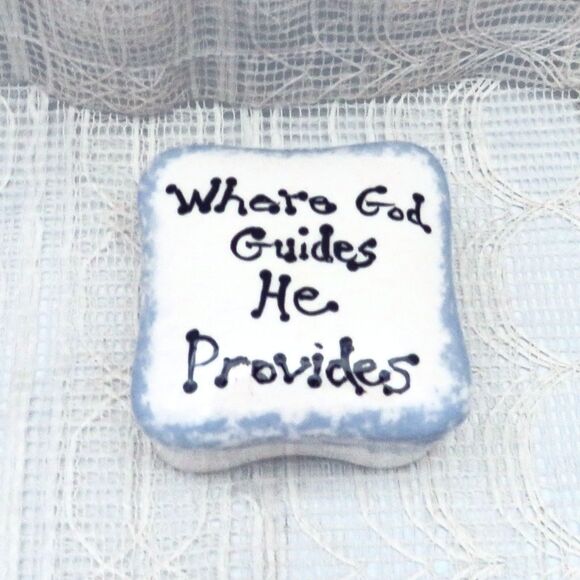 Handmade Ceramic Square Trinket Dish White and Blue Lidded With Message - Picture 1 of 9